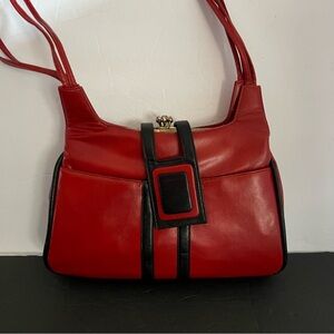 Vintage Lou Taylor Red Leather Purse Shoulder Bag Pop Up Mirror Italy